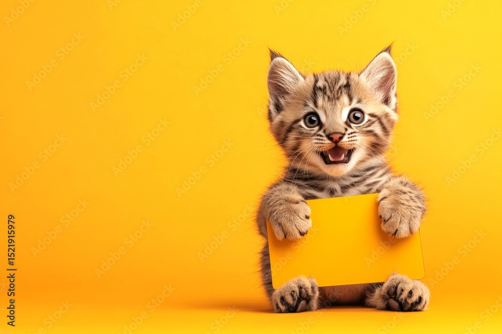 Obraz premium Studio beast for ad. Isolated baby animal on a solid uniform bright orange background. Furry mascot for promo. Cute baby animal manul hold in front paws a wireframe - large yellow zoo sign.