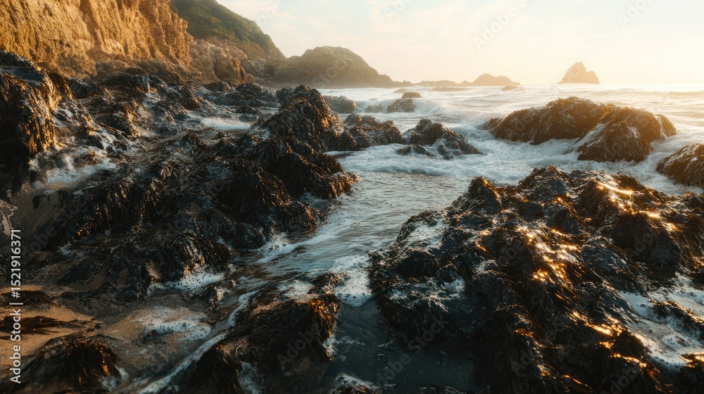 Obraz premium The rocky coastline with waves meeting the shore under sunlight