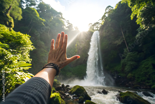 Crop hand of person in open palm gesture against waterfall in green tropical forest on sunny day.