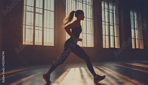 Silhouette of a woman exercising in a large room.