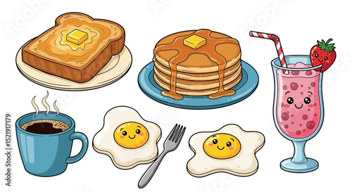 Cute Cartoon Breakfast Food Set Illustration