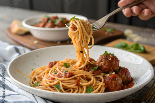 Hand with fork in plate of spaghetti on table.