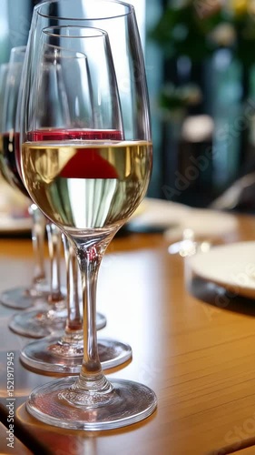 Elegant wine glasses filled with various wine colors, arranged in a row on a table for tasting and celebration