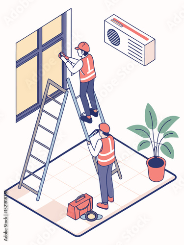 A professional technician stands on a ladder installing or repairing a wall-mounted air conditioner unit in a modern home interior.