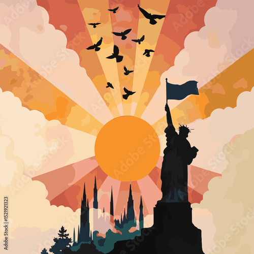 Vibrant Vector Landscape Illustration – Sunset, Sunrise, Mountains, Desert & Sea Silhouettes, Nature Scenes, Scenic Horizons, Warm Colors, Travel Adventure, Exotic Outdoors, Calm & Peaceful Vibes