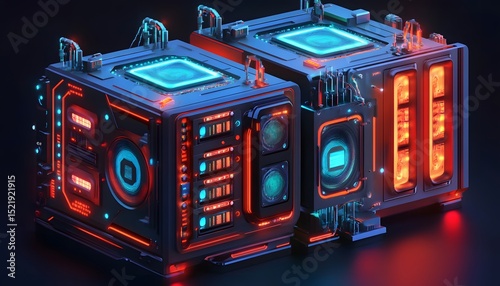 Futuristic, glowing computer units in a detailed 3d rendering.