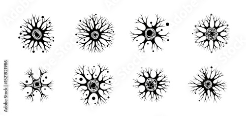 Numerous Black Radial Tree-like Structures Distributed Evenly Against White Background