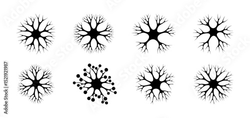 Numerous Black Radial Tree-like Structures Distributed Evenly Against White Background