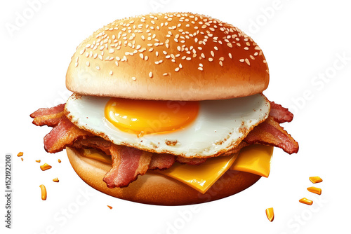 Delicious bacon and egg breakfast burger isolated on a transparent background
