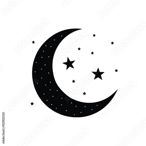 Crescent Moon Stars Vector Black and White