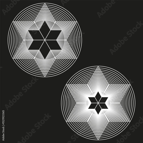 Star symbol icon. Black background vector. Layered geometric shape. Abstract glowing figure.