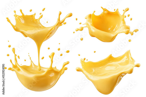 Four yellow liquid splashes isolated on transparent background