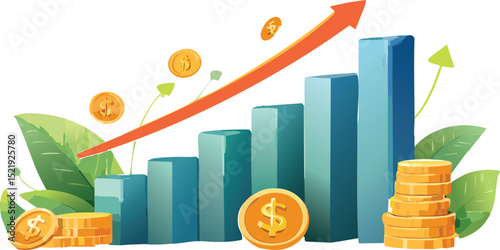 Growth financial business rise money cash currency on 3d finance investment background. Wealth banking profit economy dollar coin deposit stock exchange. Arrow graph strategy invest market chart.