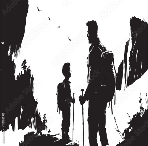 Two Mountain Hikers on a Cliff Edge Silhouette