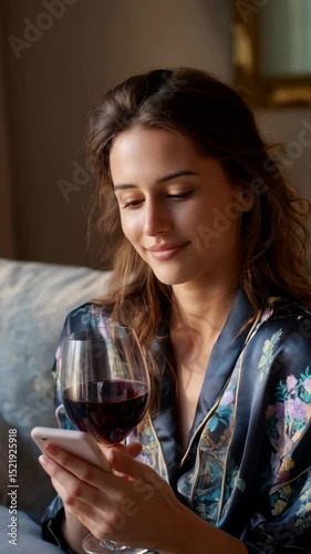 Woman in robe scrolling phone while enjoying red wine in glass indoors during daylight in apartment setting with natural lighting.