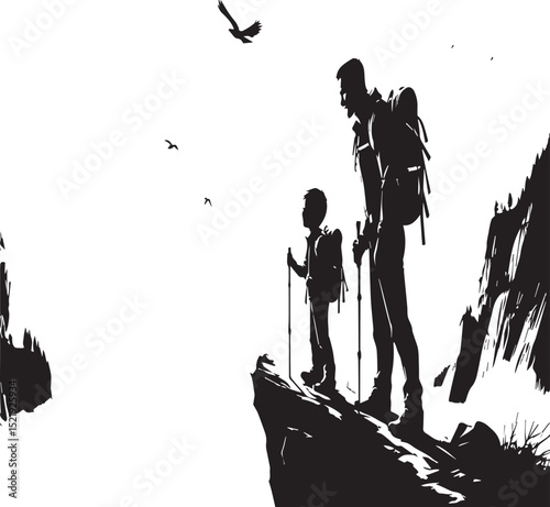 Father and Son Mountain Hikers Silhouette