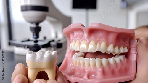 Dentist explaining dental bonding to a teenage patient holding a model of teeth in a modern clinic with a digital microscope in the background emphasizing precision and care