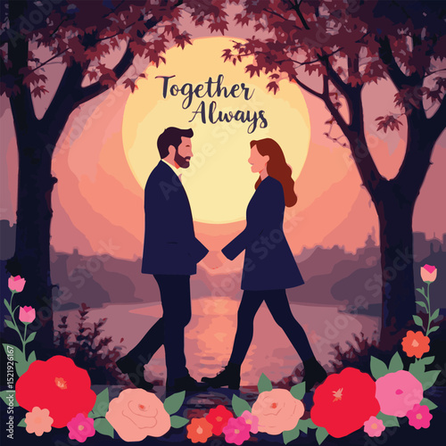 Vector Love Illustration – Romantic Couple Silhouette with Heart, Togetherness & Connection | Valentine, Wedding, Friendship, Trust, Hug, Kiss, Forever Bond, Emotion & Happiness Art