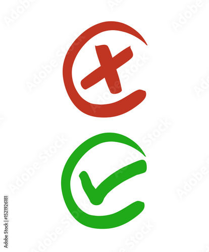 Simple Hand drawn circle checkmark and cross sign Symbol Icon. A set of hand drawn icons showing a green checkmark and a red cross inside a circle.