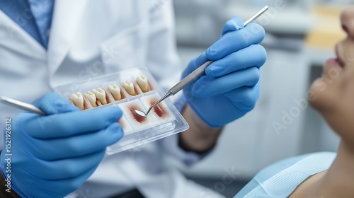 Dentist explaining the impact of smoking on oral health to a patient visual aids showing gum disease modern dental clinic setting
