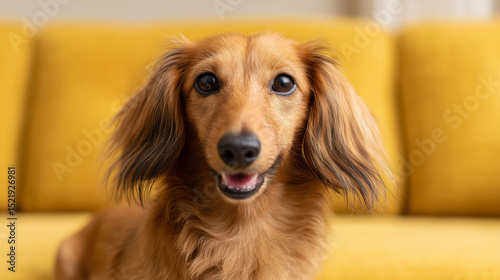 Wallpaper Mural Cute long-haired dachshund smiling on yellow sofa Torontodigital.ca