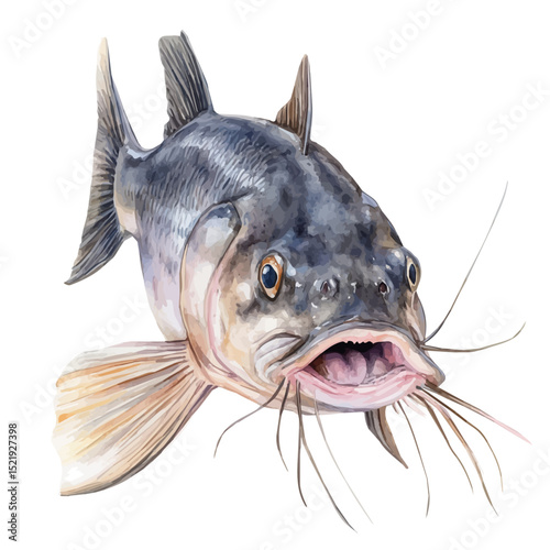 Catfish With Barbels Close Up, watercolor drawing vector, high quality, isolated on a white background.