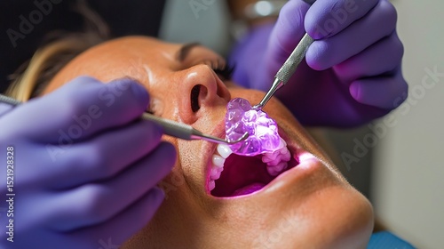 Dentist performing a dental scaling procedure on a patient with a focus on the patient's comfort and well being