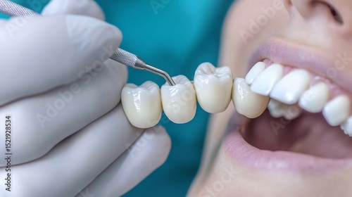 Dentist placing a dental bridge on a patient's teeth restoring their smile and function