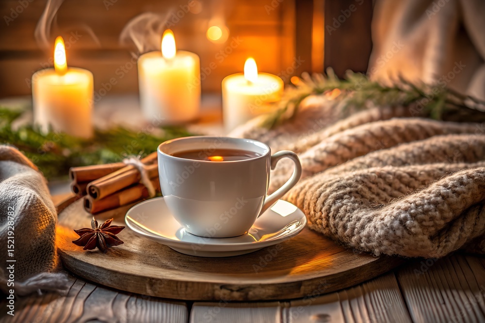 Fototapeta premium Cozy winter evening with warm tea on wooden tray surrounded by lit candles sweater and cinnamon sticks evoking warmth and relaxation