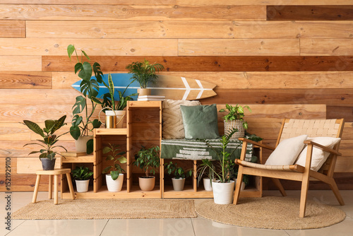 Bench, armchair and housepl...