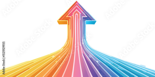 3D Neon Lights Arrow. Abstract Minimalist Business Start Up Growth Concept Background. Colorful Neon Lights In a Shape of Ascending Arrow. Profit and Investment Vector Illustration.