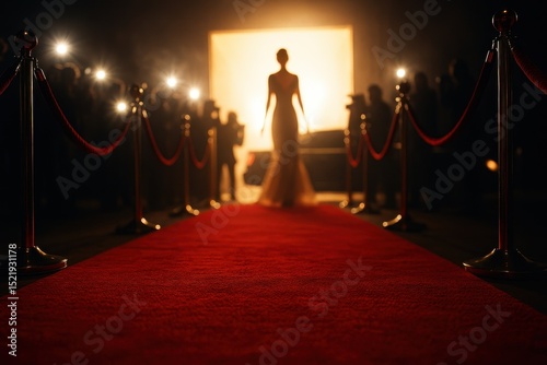 Exclusive red carpet event entrance with a luxurious velvet rope, flashing paparazzi cameras, and a glimpse of a glamorous celebrity arriving at a prestigious film festival premiere.