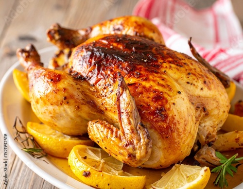 Chicken baked whole. Selective focus, close-up. Food.
