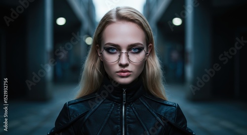 Blonde Woman in futuristic outfit : A captivating blonde woman with blue eyes strikes a commanding pose in a sleek, futuristic outfit, her gaze intense and confident.