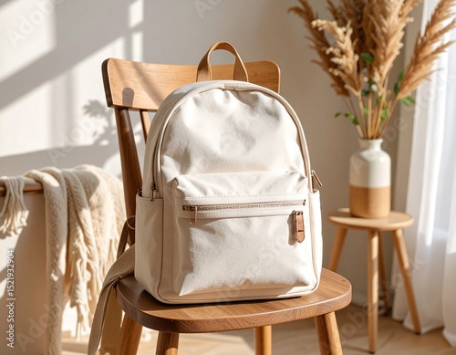 A modern blank backpack mockup placed on a wooden chair with soft, warm lighting — ideal for branding, apparel, or product presentations.