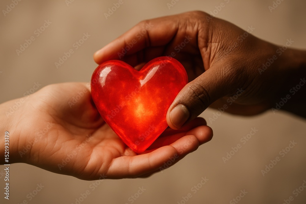 Obraz premium Close-up of two diverse hands gently cupping a glowing translucent red heart symbolizing compassion shared humanity and the act of giving love and support.
