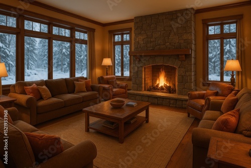 Grand and inviting living room interior featuring a magnificent stone fireplace with a crackling fire comfortable plush sofas and large windows overlooking a snowy winter landscape.