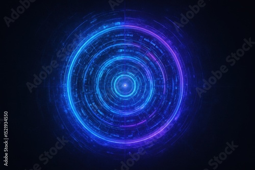 Mesmerizing abstract background featuring a glowing futuristic circular interface or portal in vibrant shades of digital blue and deep purple on a dark textured backdrop.