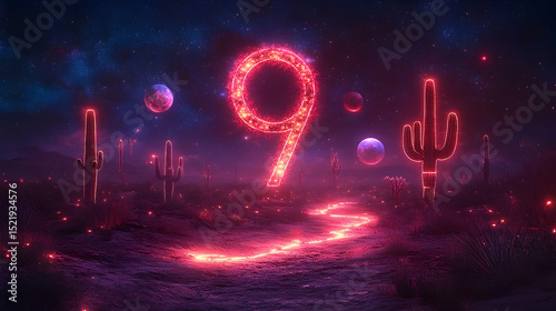 Neon '9' glows in a desert, guiding a fiery path. Stars, planets, and cacti light up a surreal landscape