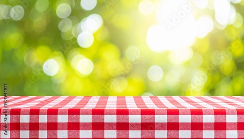 Red checkered tablecloth empty advertisement space. Food promotion table.Product display. Picnic backdrop. Tabletop.