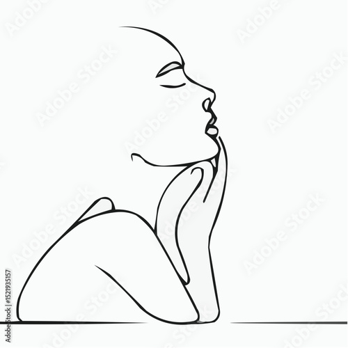 Abstract line drawing of a woman in profile contemplating quietly  