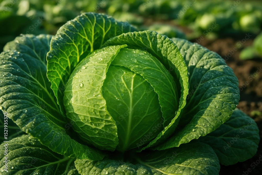 Fototapeta premium Vibrant close-up of a perfectly formed head of green cabbage with dewdrops glistening on its tightly packed leaves nestled in a fertile agricultural field under the morning sun.