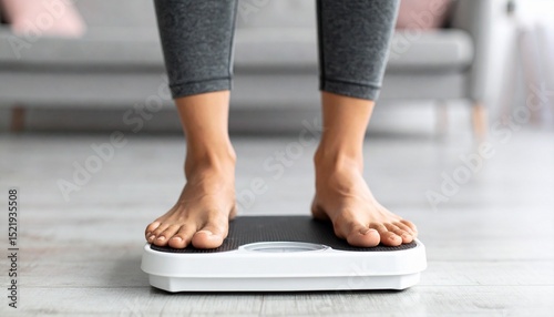 Close-up of a young woman standing on a weighing scale at home, healthy lifestyle and weight loss concept.