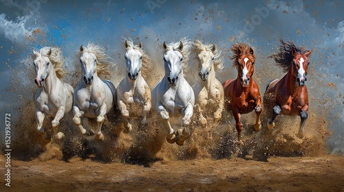 A herd of seven powerful horses thundering across a dry landscape, dust clouds rising behind them as they run with fierce energy and grace