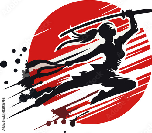 Silhouette of Female Ninja with Katana in Dynamic Motion and Red Sun Background – Vector Art