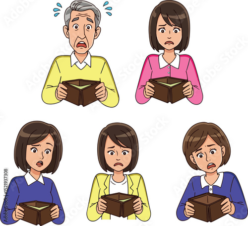 various distressed individuals, both men and women of different ages, holding empty wallets, symbolizing widespread financial hardship and economic struggles.