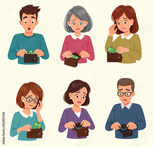 various distressed individuals, both men and women of different ages, holding empty or nearly empty wallets, symbolizing widespread financial hardship and economic struggles.