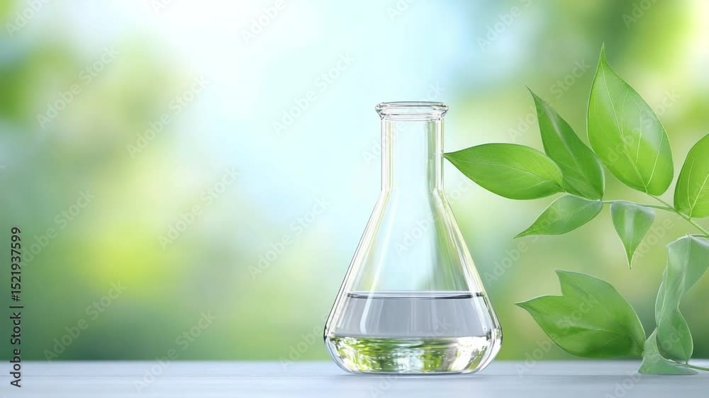 Erlenmeyer Flask with Plant Extract: A clear Erlenmeyer flask filled with a transparent liquid rests on a surface, accompanied by vibrant green leaves.