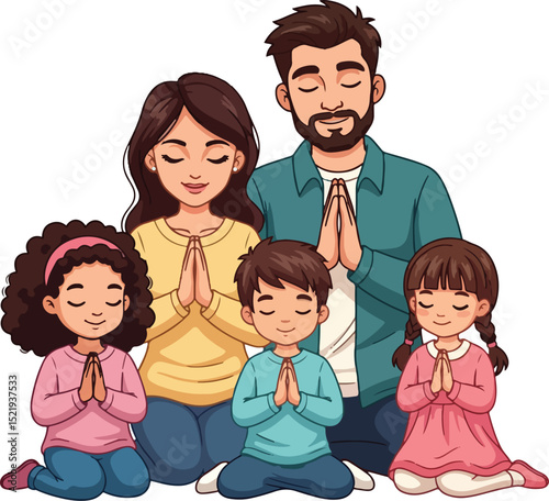 a diverse family (mother, father, and three children) kneeling in prayer with hands together, symbolizing spiritual connection and family unity.