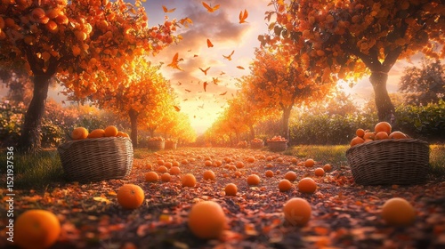 An orange grove featuring trees fruit baskets and leaves gently falling